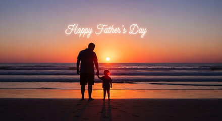 A father and child hold hands on the beach, silhouetted against a beautiful sunset with 'Happy Father's Day' text.