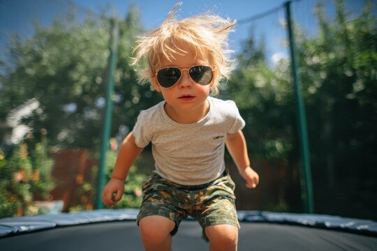 Adorable young boy in shades with unkempt hair bouncing on a backyard trampoline Children s sports and fitness Summer outdoor fun