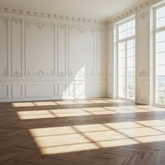 Stunning sunlit room with elegant molding and herringbone wood floor