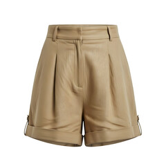 Chic pleated beige tailored shorts with cuffed hems, offering sophisticated style for modern fashion collections and editorial shoots.