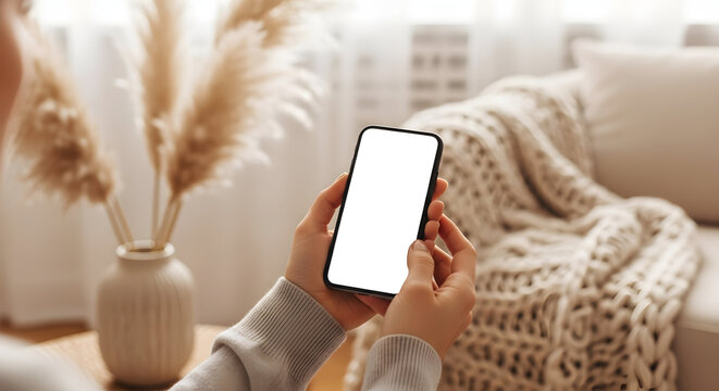 Woman using smartphone with blank screen cozy home interior design app mockup technology lifestyle