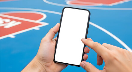 Blank Smartphone Screen Mockup Hands Holding Mobile Phone Basketball Court Background App Design Template