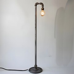 Industrial-style floor lamp with exposed bulb, set against a minimalist background, showcasing modern decor