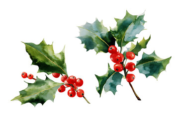 Two sprigs of watercolor holly with vibrant green leaves and glossy red berries on a transparent background, PNG