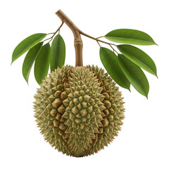A whole durian fruit hanging from a branch with green leaves