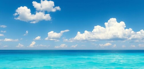 Obraz premium Flat vector illustration of a calm blue ocean scene under a summer sky with fluffy white clouds, stock photo, view
