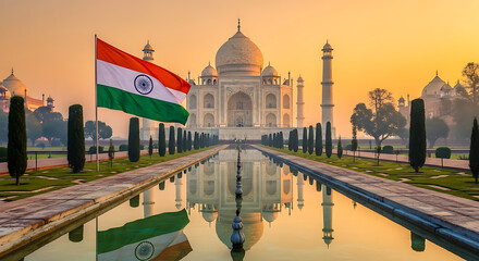 Taj Mahal at Sunrise with Indian Flag, Agra, India