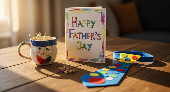 A handmade Father's Day card, a paper tie craft, and a warm drink on a sunlit wooden table, creating a heartfelt and cozy scene. - Powered by Adobe