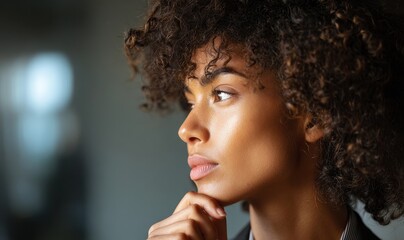 Side view of thoughtful Black businesswoman deep in thought in the office