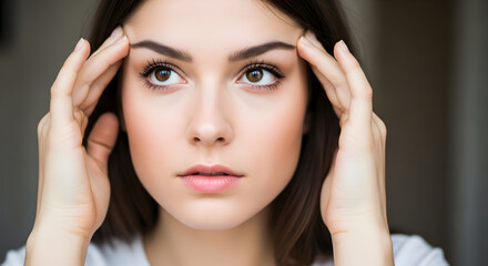 Fototapeta premium Woman touching her temples experiencing stress headache migraine tension anxiety health care wellbeing self care mental health