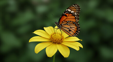 Vibrant monarch butterfly perched on bright yellow daisy blossom