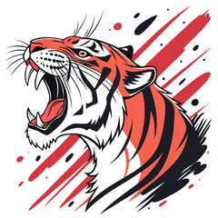 Roaring snow leopard with red and black brush strokes