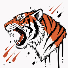 Roaring snow leopard with red and black brush strokes