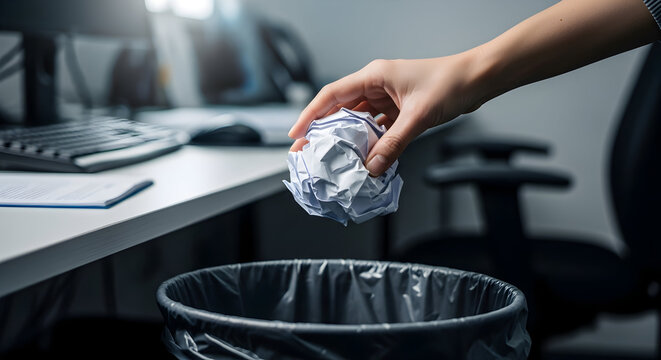 Hand throwing crumpled paper into trash can office workplace waste disposal recycling clutter cleanup tidying up organization efficiency productivity work environment modern office desk workspace