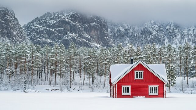Red house covered in snow with trees and mountains in the background. - Powered by Adobe