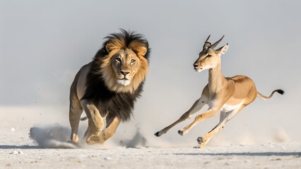 Naklejka premium Lion Chasing Gazelle on a White Background , Lion attacks deer 