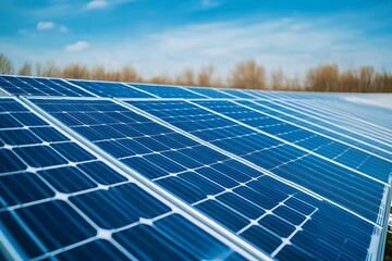 Close-up of solar panels under a partly cloudy sky