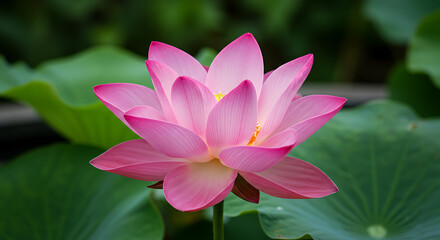 Fototapeta premium Vibrant Pink Lotus Flower Blooming Against Lush Green Leaves