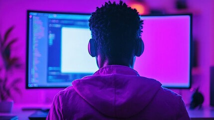 Person sits at computer screen with purple light in a modern room.