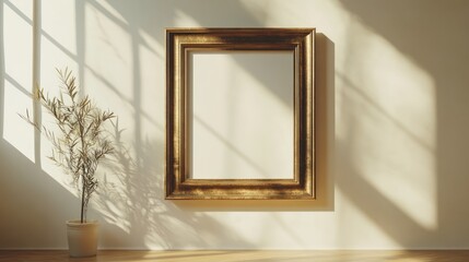 Empty gold frame on a white wall, sunlit room, art display, potential use for mockups
