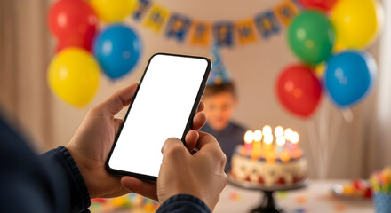 Happy Birthday Celebration Smartphone Mockup Blank Screen Child Birthday Party Festive Background
