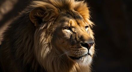 Fototapeta premium Majestic Lion with Golden Mane in Dark Natural Environment