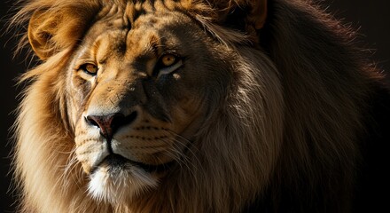 Naklejka premium Majestic Lion with Golden Mane and Intense Expression in Dark Lighting for Wildlife and Nature Photography