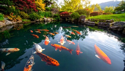 Koi fish swimming in a serene Japanese garden pond