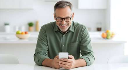 Happy man smiling while using smartphone in modern kitchen interior design