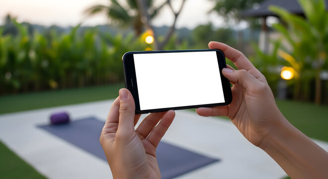 Relaxing Yoga App Mockup Hands Holding Smartphone Blank Screen Tropical Garden Background Wellness Mobile Technology Fitness Exercise Healthy Lifestyle Wellbeing Nature