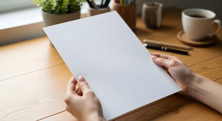 Blank Paper Mockup Hands Holding White Sheet A4 Size Design Template Office Workspace Cozy Atmosphere