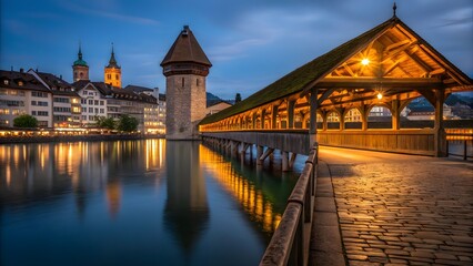 Chapel Bridge and Water Tower in Lucerne Switzerland at Blue Hour