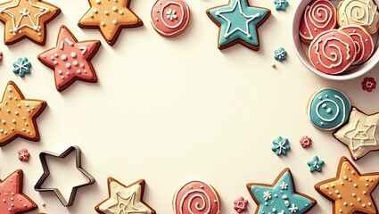 Colorful iced cookies and cookie cutters on a light beige background.