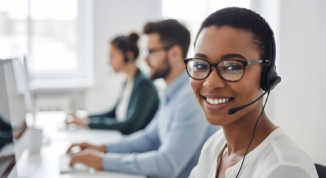 Happy diverse team providing excellent customer service support helpdesk agents working in modern office environment