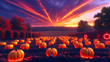 Autumn Pumpkin Patch Under Fiery Sunset Sky