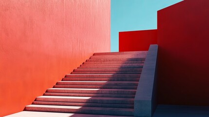 Concrete stairs ascend between vibrant red walls against a clear sky