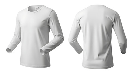 White long-sleeved t-shirt mockup with front and back views isolated on a white background. Blank clothing template for design presentation.