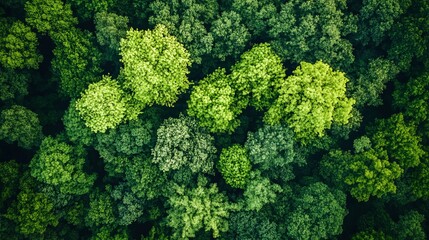 Naklejka premium Dense forest canopy, viewed from above. Lush green trees