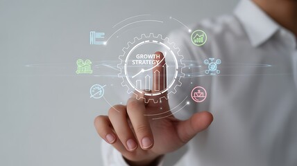 Businessman touching digital interface with growth strategy and business icons hand finger