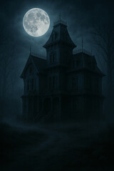 Haunted Victorian mansion looms full moon, surrounded by fog and dark trees, evoking mystery