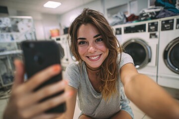 Woman in laundromat snapping a selfie with her phone by the washing machine