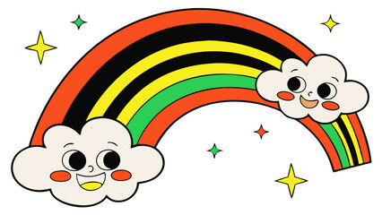 Cute cartoon rainbow with smiling clouds at each end, vibrant retro colors, sparkling stars, and cheerful expressions, perfect for children’s illustrations, happy designs, and playful vintage artwork.