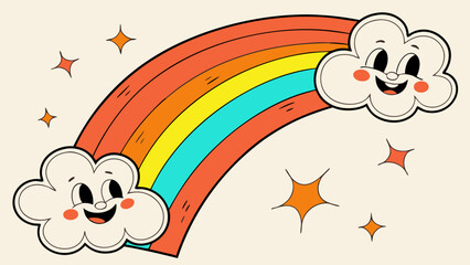 Cute cartoon rainbow with smiling clouds at each end, vibrant retro colors, sparkling stars, and cheerful expressions, perfect for children’s illustrations, happy designs, and playful vintage artwork.
