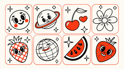 Playful black, white, and red cartoon icons featuring happy fruits, planets, and flowers, including strawberries, ice cream, and celestial designs, perfect for stickers, kids’ art, and quirky illustra