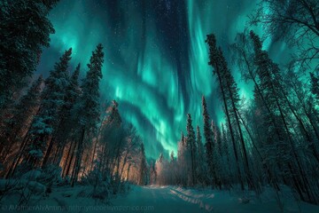 Aurora borealis dances over snowy forest