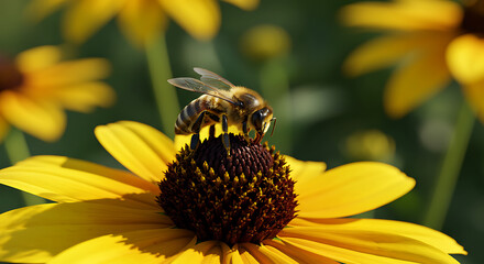 Close Up Of Honeybee Collecting Nectar From Bright Yellow Daisy Flower