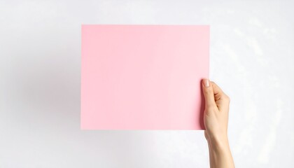 A hand holds a blank, pale pink square of paper against a white background