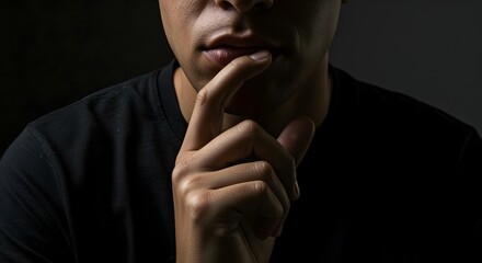 A thoughtful expression: Man contemplates with hand on chin in a dark setting