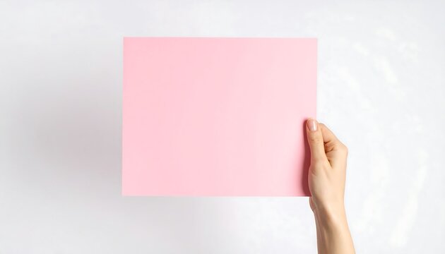 A hand holds a blank, pale pink square of paper against a white background