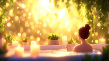 Cozy self care scene with woman relaxing in bath, surrounded by candles and plants